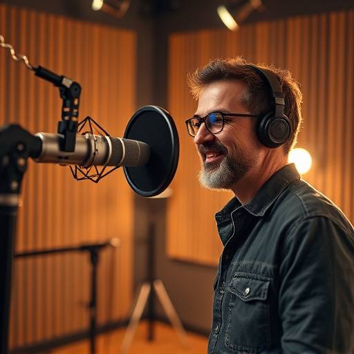 Un acteur enregistrant une voix off dans un studio.